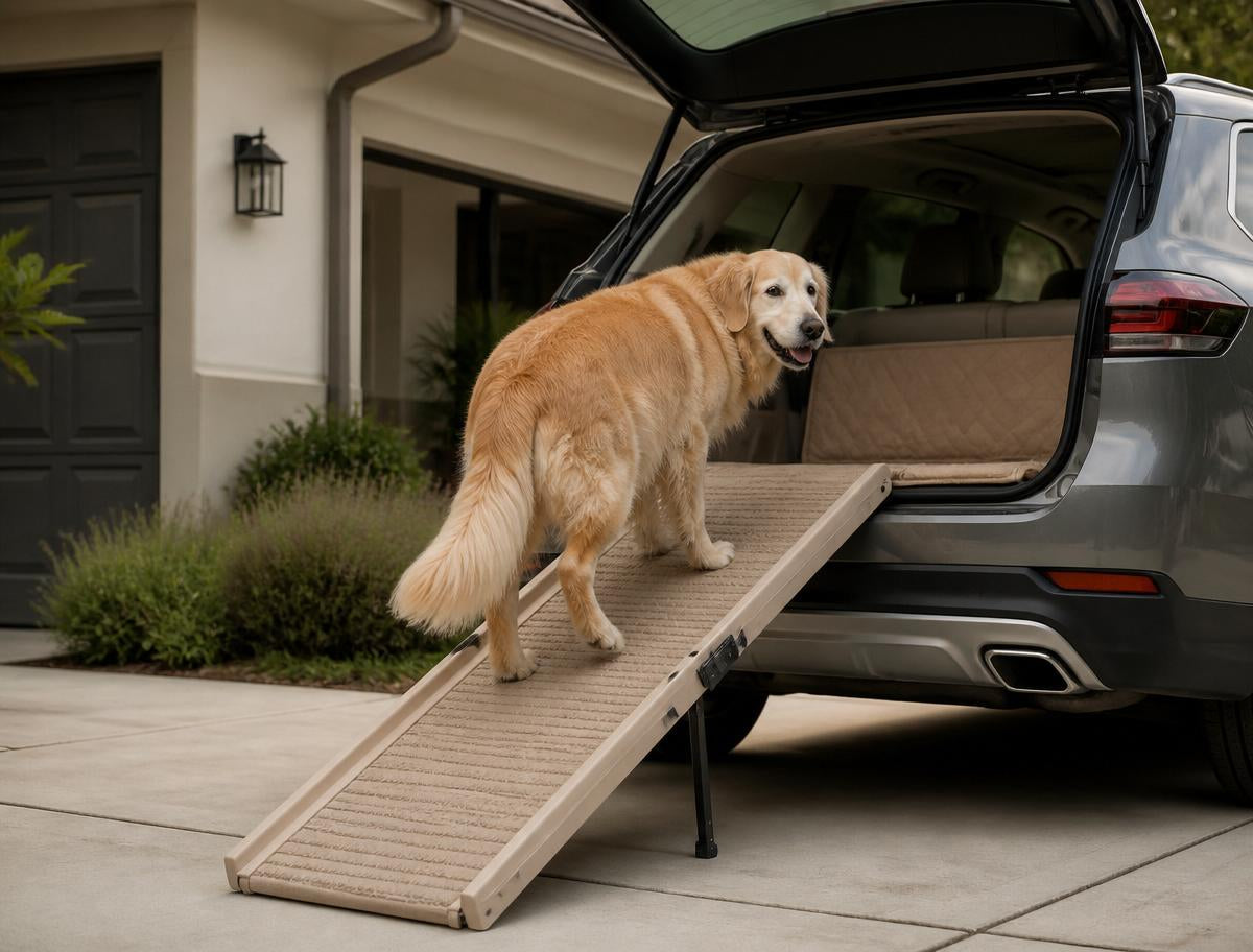 senior dog using foldable ramp to get into car