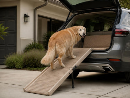 senior dog using foldable ramp to get into car