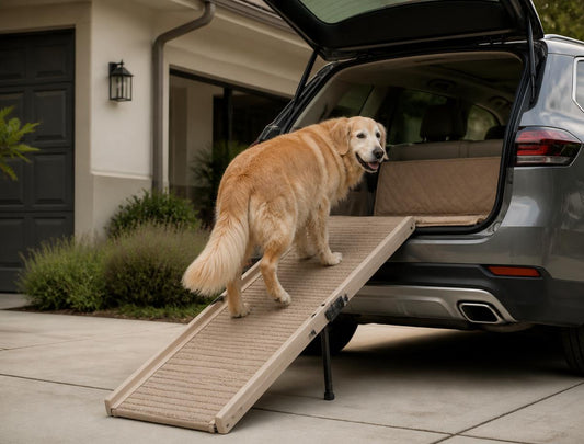 senior dog using foldable ramp to get into car